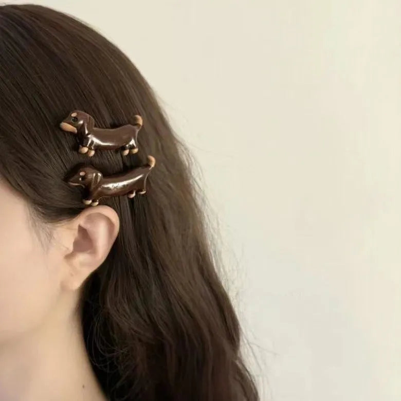Dachshund dog design hair barrettes with electroplated finish on mixed materials
