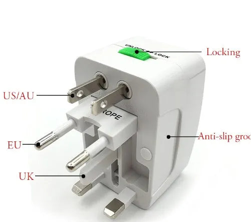 White universal travel plug converter showing UK and European sockets, with dimensions 73mm by 50mm by 39mm.