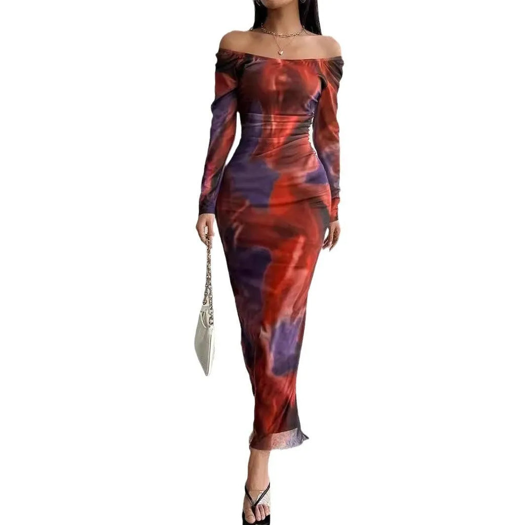 Women's pleated mesh fishtail dress with gradient colour print and a square collar.