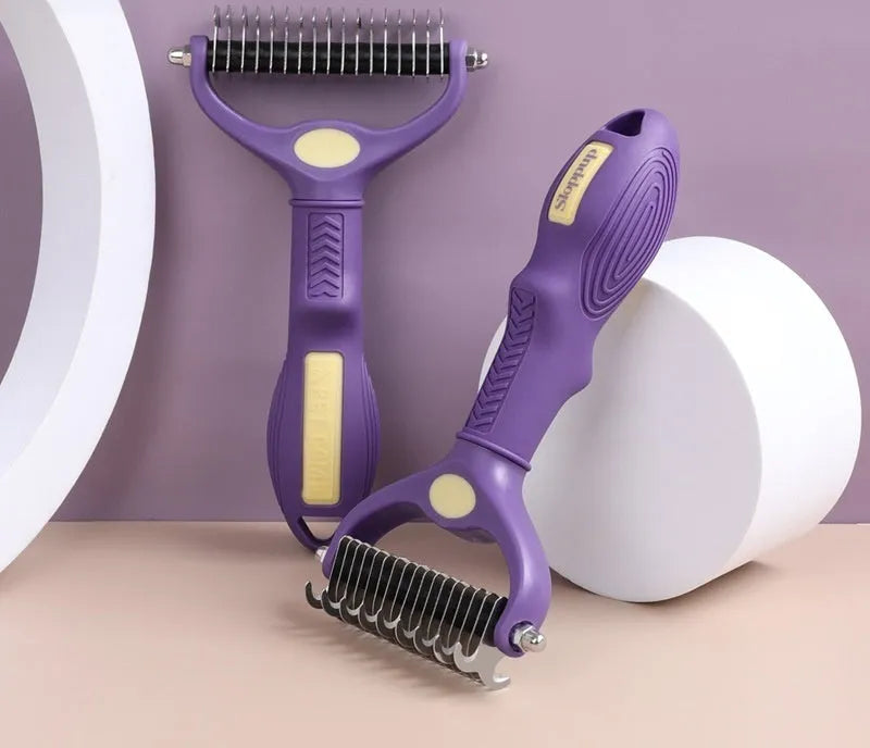 Purple plastic double-sided pet comb with fine and wide teeth for knot removal
