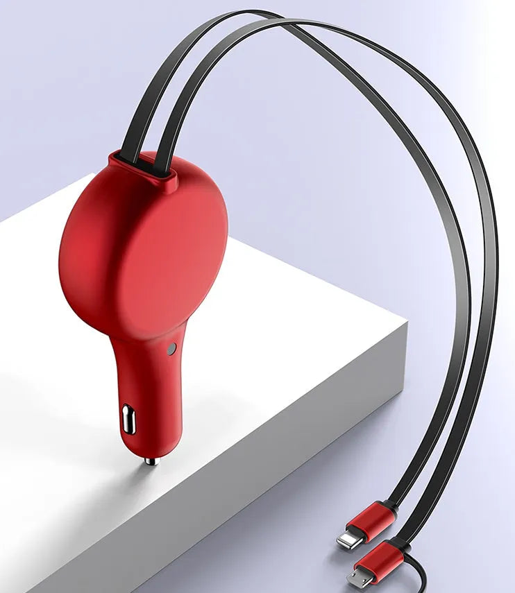Black retractable car charger with two cables extended, showing Type-C and iPhone charging heads