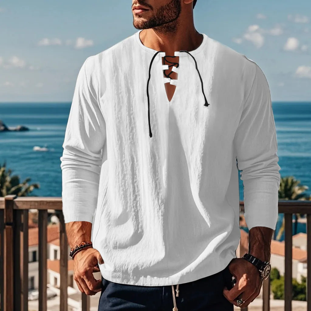 Men's solid colour cotton linen blend loose fit pullover shirt on a hanger.