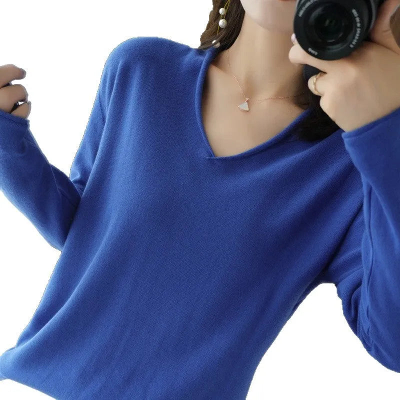 Women's V-neck long sleeve knitwear pullover top in a macaron colour, showcasing non-iron elegant style.
