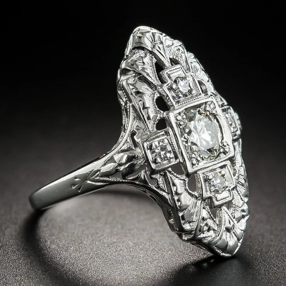 Hollow out geometric silver ring with diamond studs on copper base material