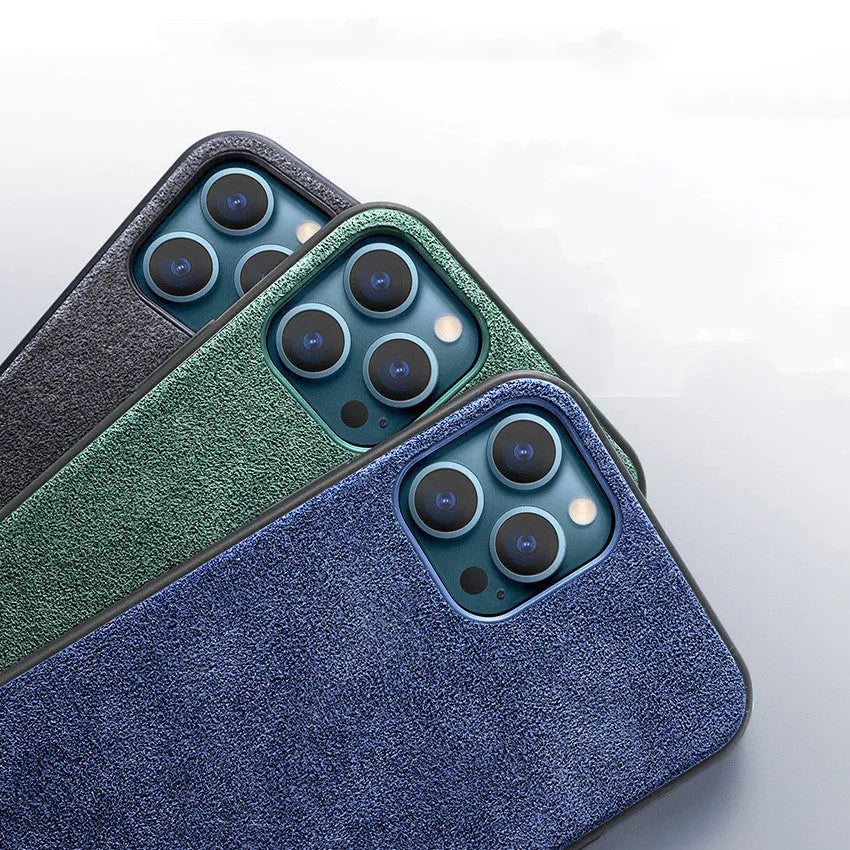 Suede full-cover iPhone back case shown in dark blue, dark night green, and elegant black colours.