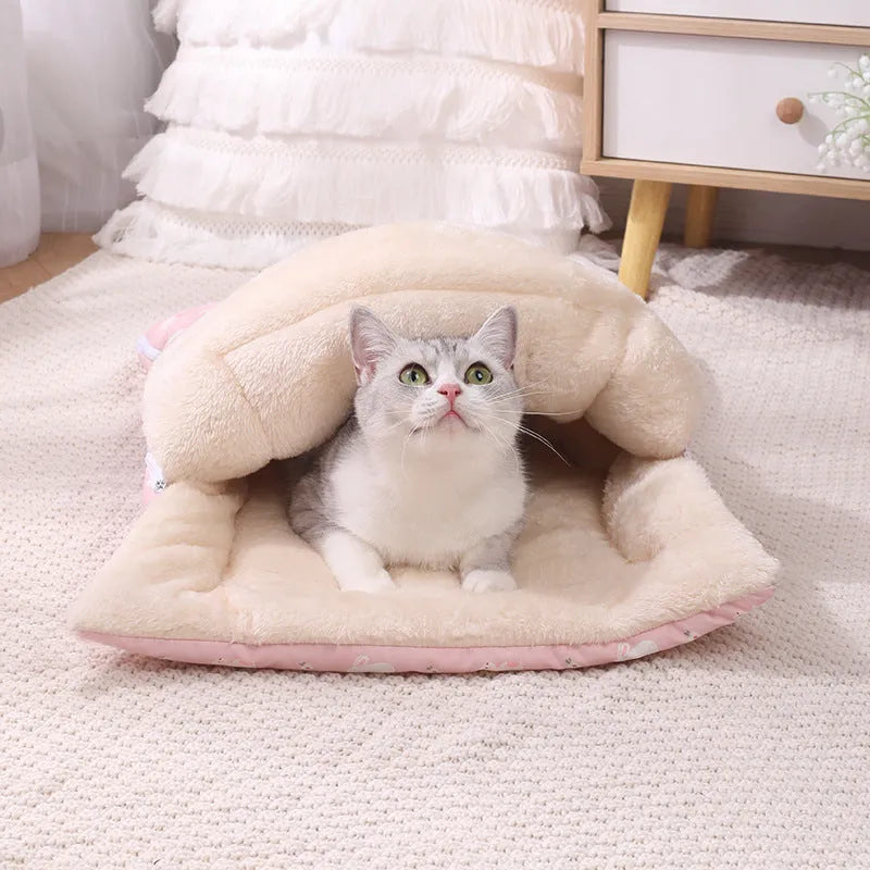 Soft cat bed in pink with detachable mat and foldable design, size M 70x100cm