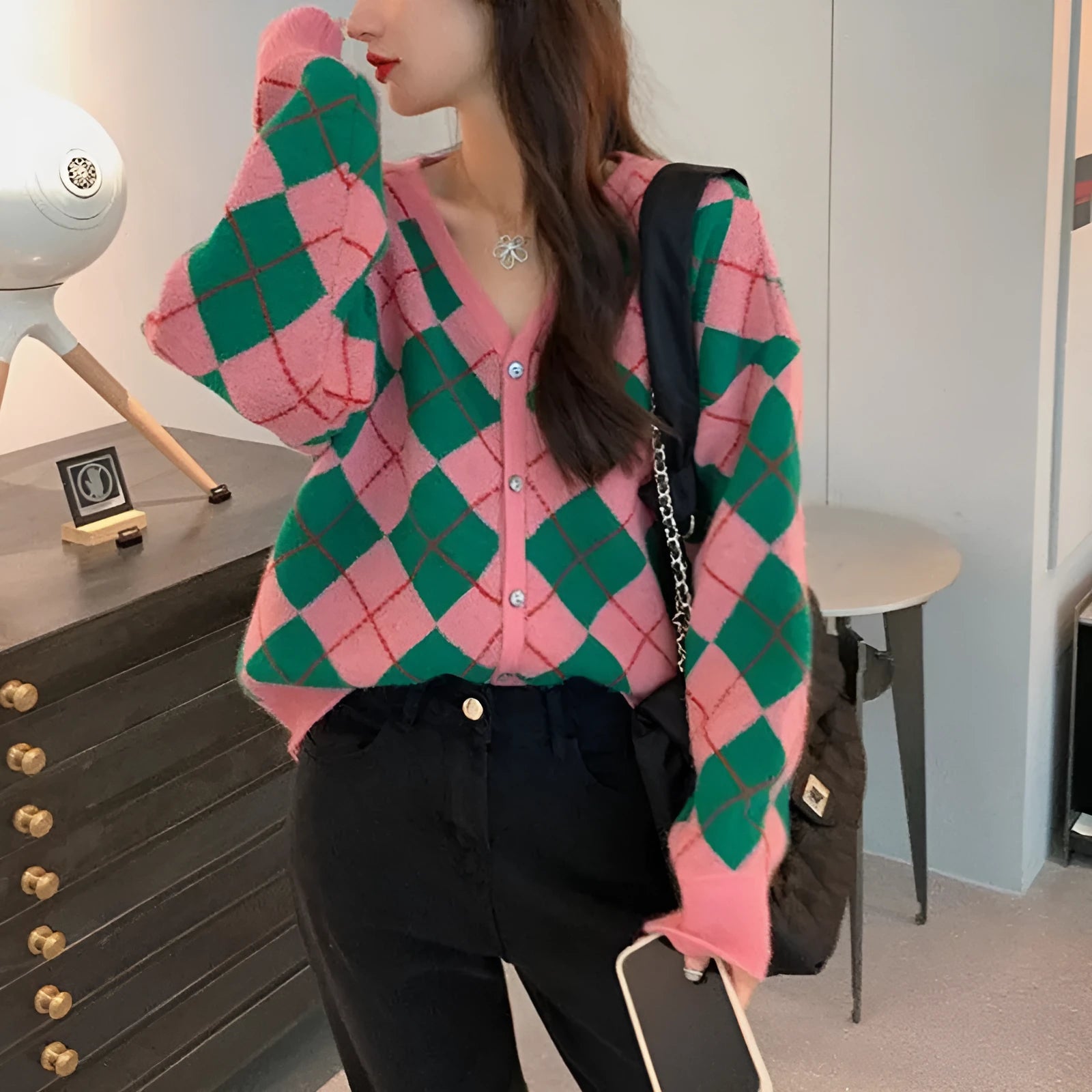 Casual knitted cardigan coat in macaron colours: pink, green, black, light khaki, dark khaki.