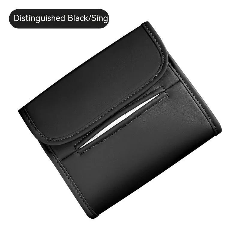 Leather car tissue box with elastic band for seat-back mounting in vehicle