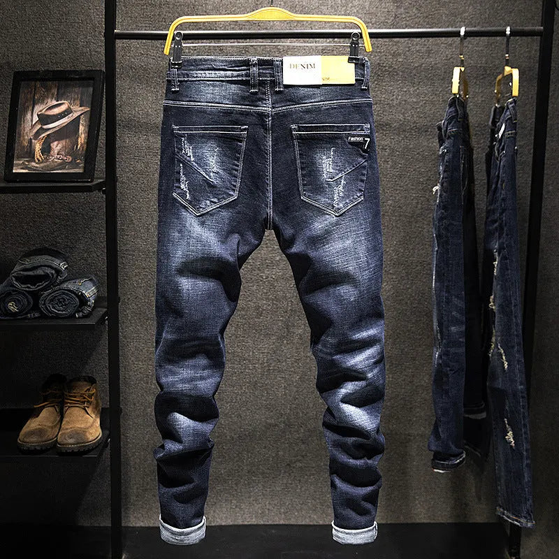 Men's slim-fitting skinny jeans in dark blue and light blue with micro-elastic denim fabric