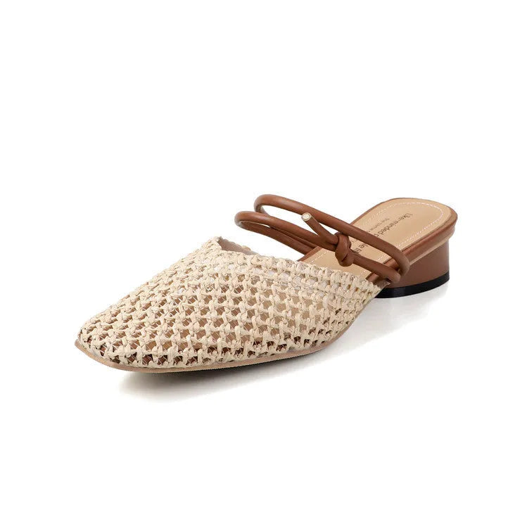 Women's square toe slippers with chunky heel and breathable design in artificial pu material