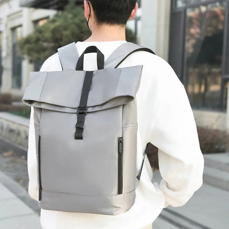 Men's gray nylon business leisure schoolbag waterproof breathable expandable backpack side view