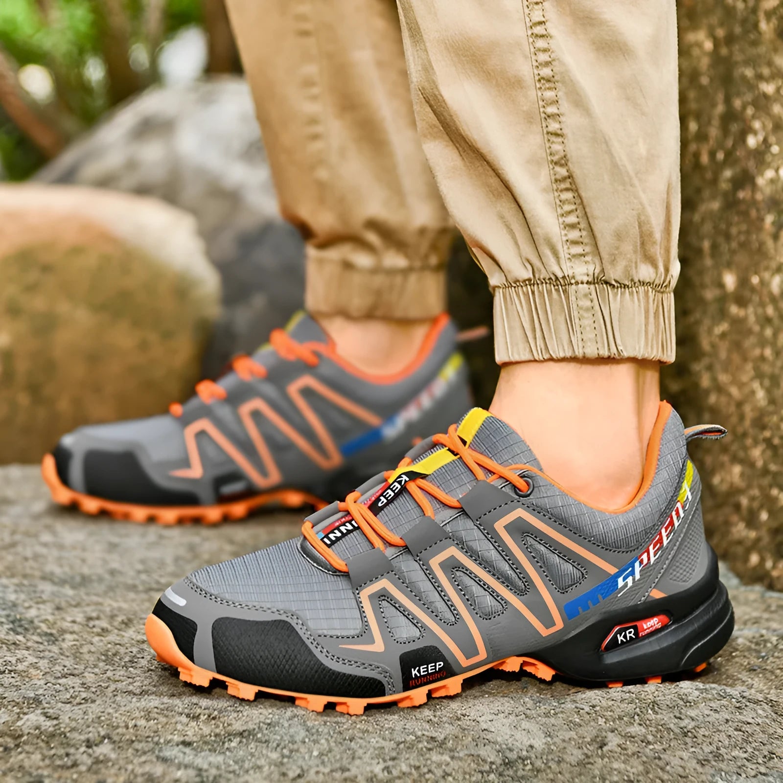 Men's gray orange casual low-top running shoes with synthetic leather upper and rubber sole.