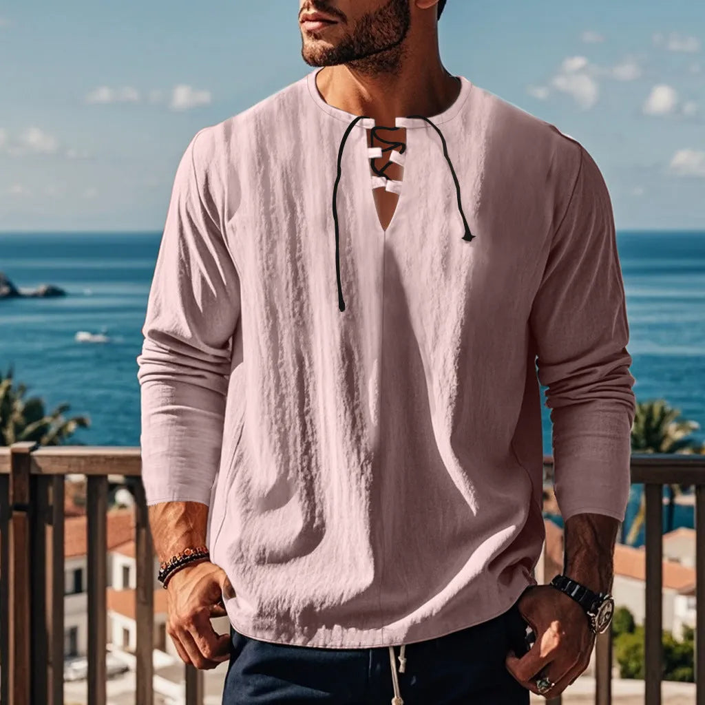 Men's solid colour cotton linen blend loose fit pullover shirt on a hanger.