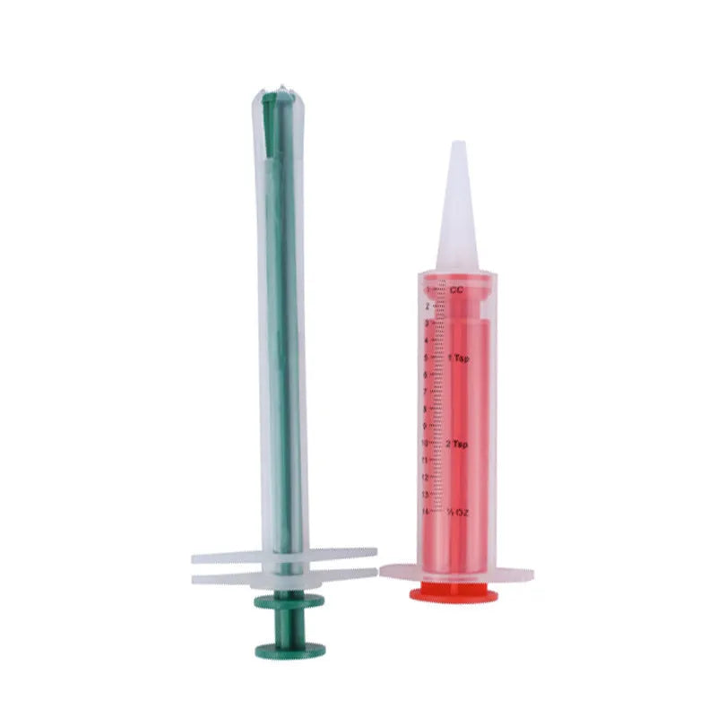 Two pet pill shooters with soft silicone tips for administering tablets to cats and dogs.