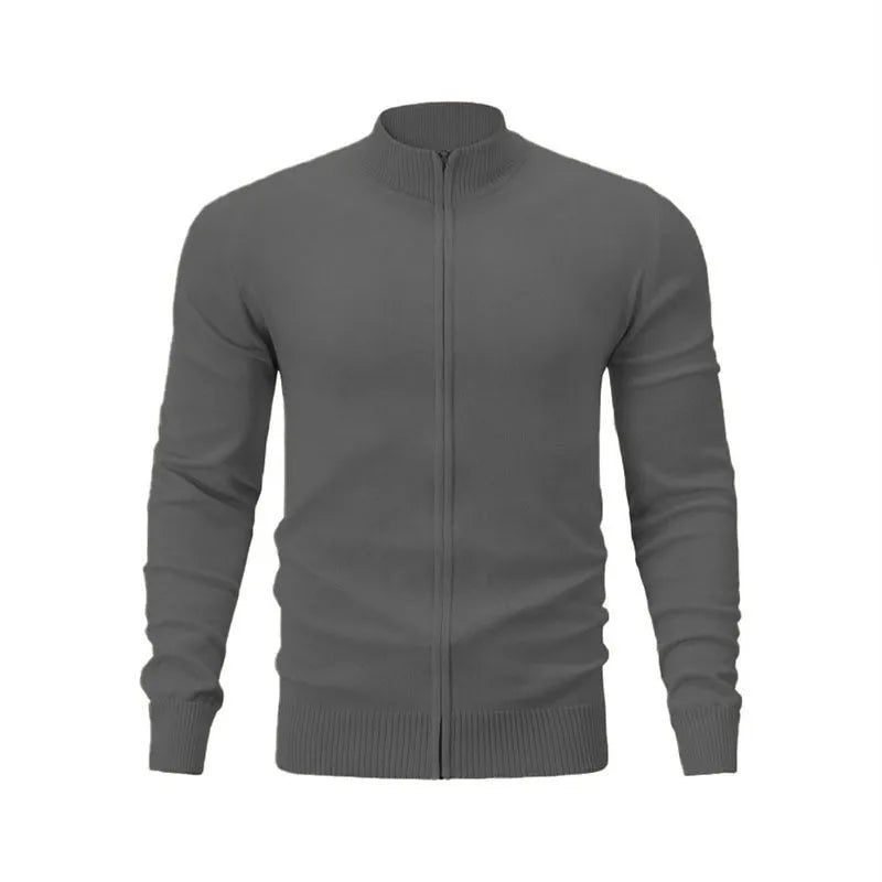 Men's cotton zip-up cardigan with stand collar in loose fit available in seven solid colours