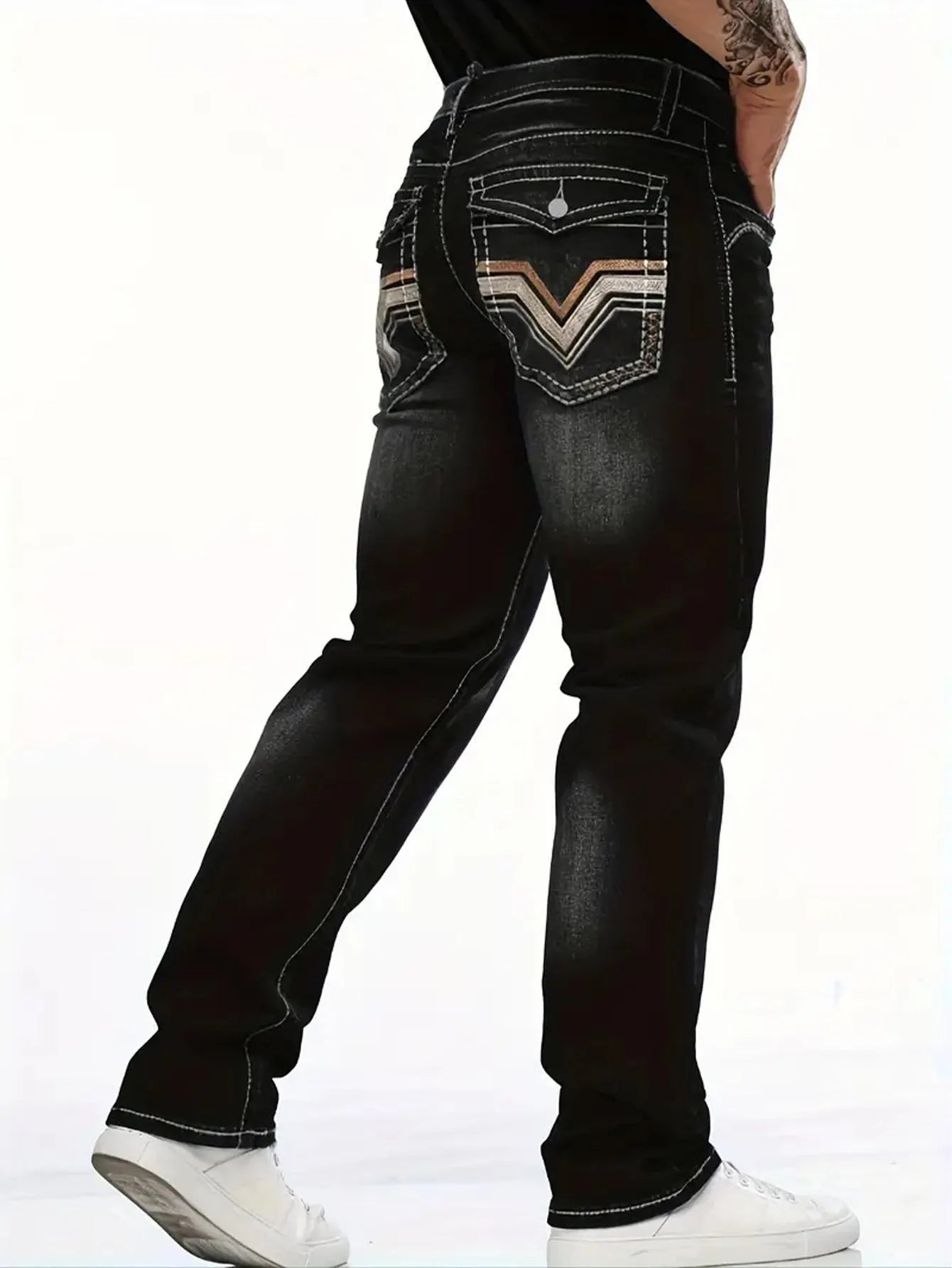Black stretch slim fit straight leg men's trousers on hanger