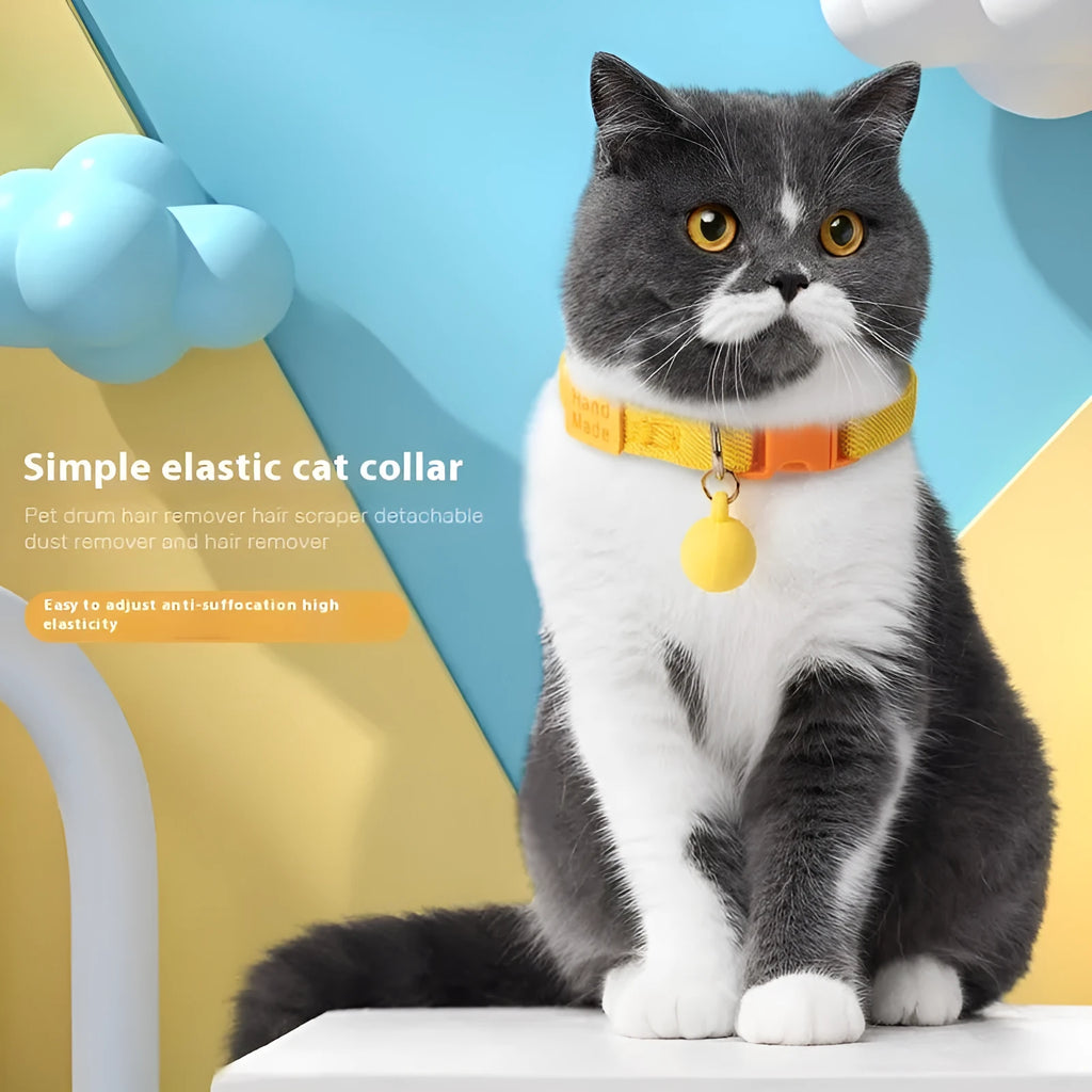 Small dog elastic polyester pet collar in seven colour options showing yellow, pink, and blue examples