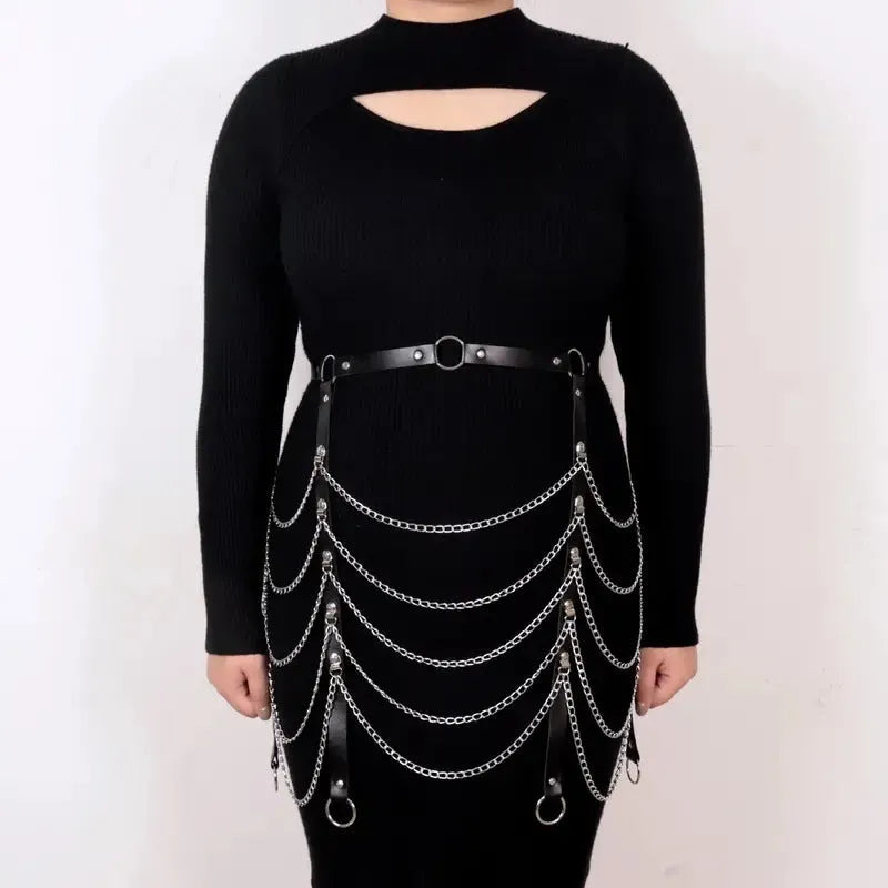 Black PU leather adjustable waist chain with decorative pendant, showing buckle closure detail