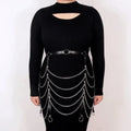 Black PU leather adjustable waist chain with decorative pendant, showing buckle closure detail