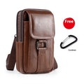 Men's black genuine leather waist crossbody bag with lock closure and vertical square design