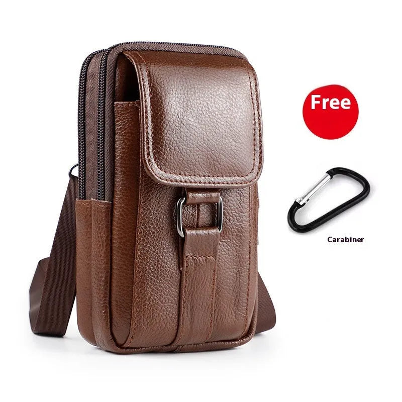 Men's black genuine leather waist crossbody bag with lock closure and vertical square design