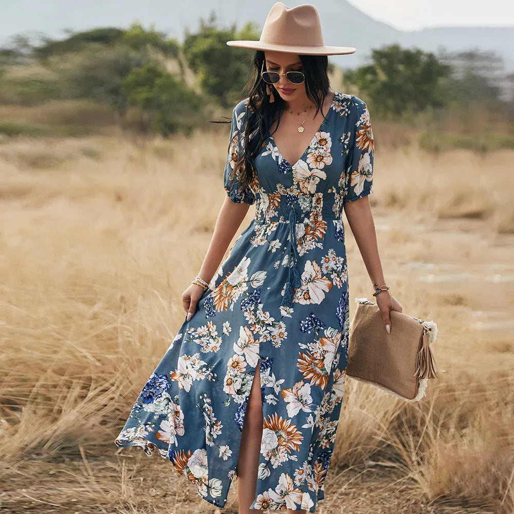 Women's floral print summer dress with V neck and elastic waist in yellow, black, and blue colours