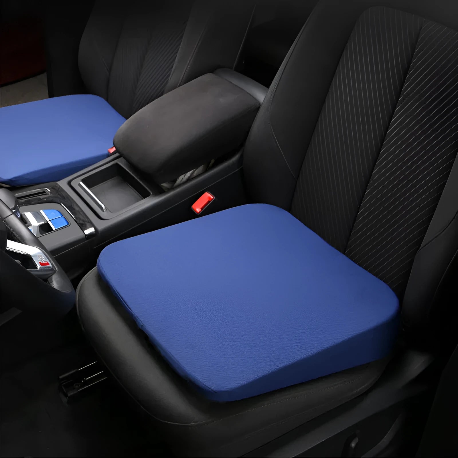 Black rectangular car seat cushion for heightening, approximately 42cm by 39cm by 6cm thick.