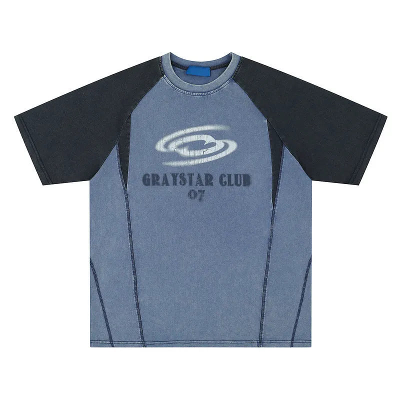 Men's blue loose fit cotton t-shirt with white hip hop letter print and raglan sleeves