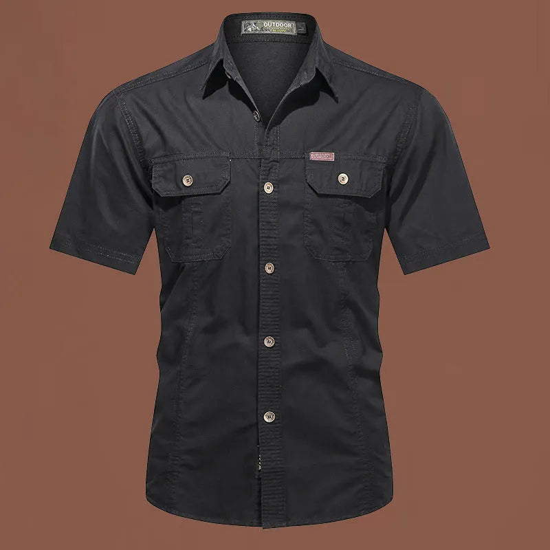 Men's loose fit cotton short sleeve work shirt in army green with non-iron treatment