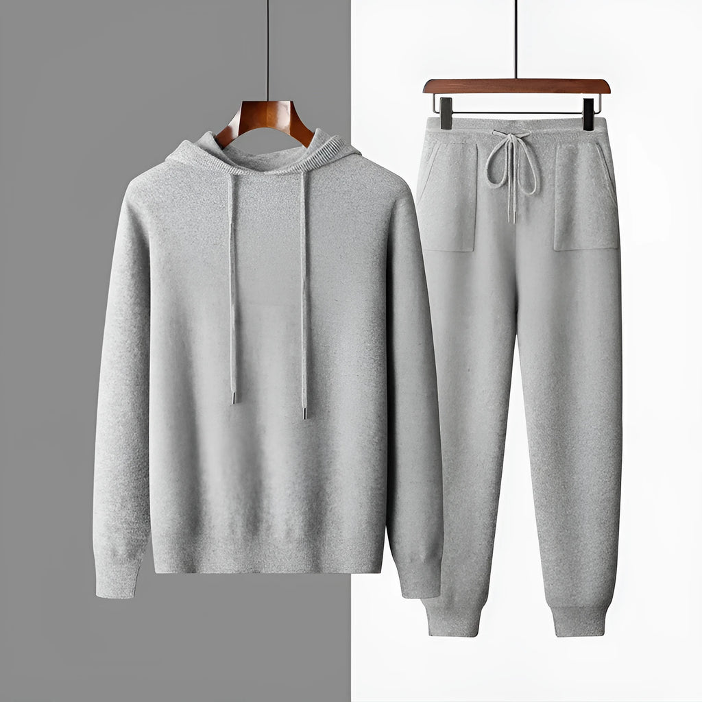 Men's light grey cashmere hooded sweatshirt and matching trousers set for winter leisurewear
