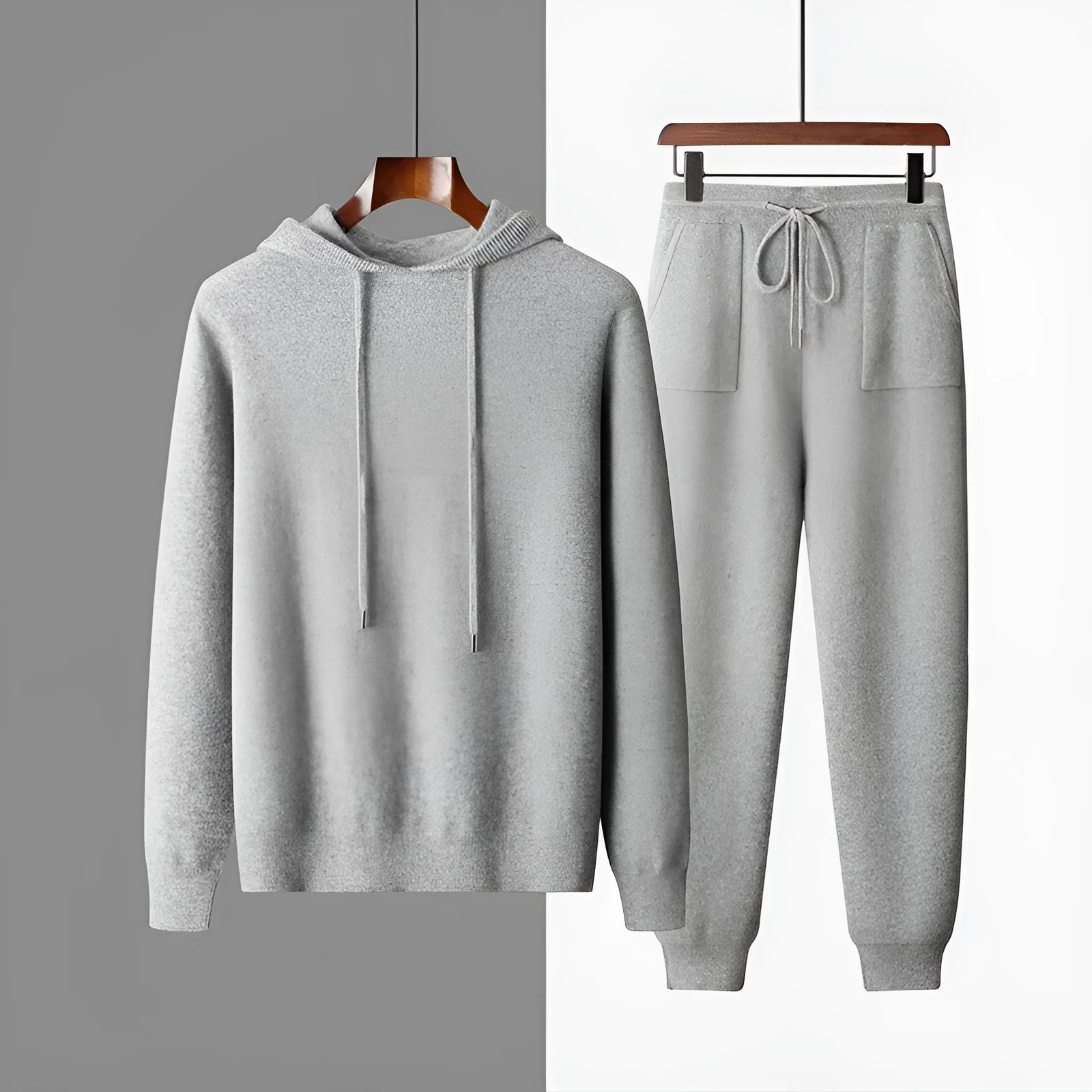 Men's light grey cashmere hooded sweatshirt and matching trousers set for winter leisurewear