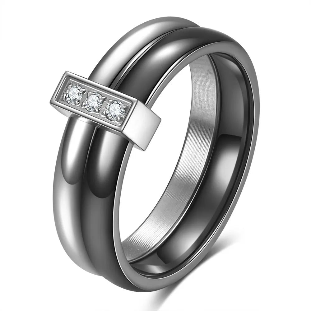 Ceramic ring with zirconium inlay in steel black or gold white colour