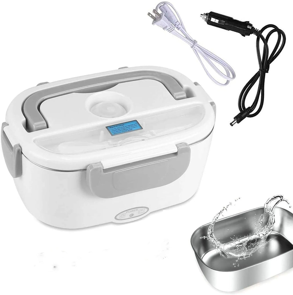 Grey dual-power electric lunch box for car and home with stainless steel pot and mechanical dial.