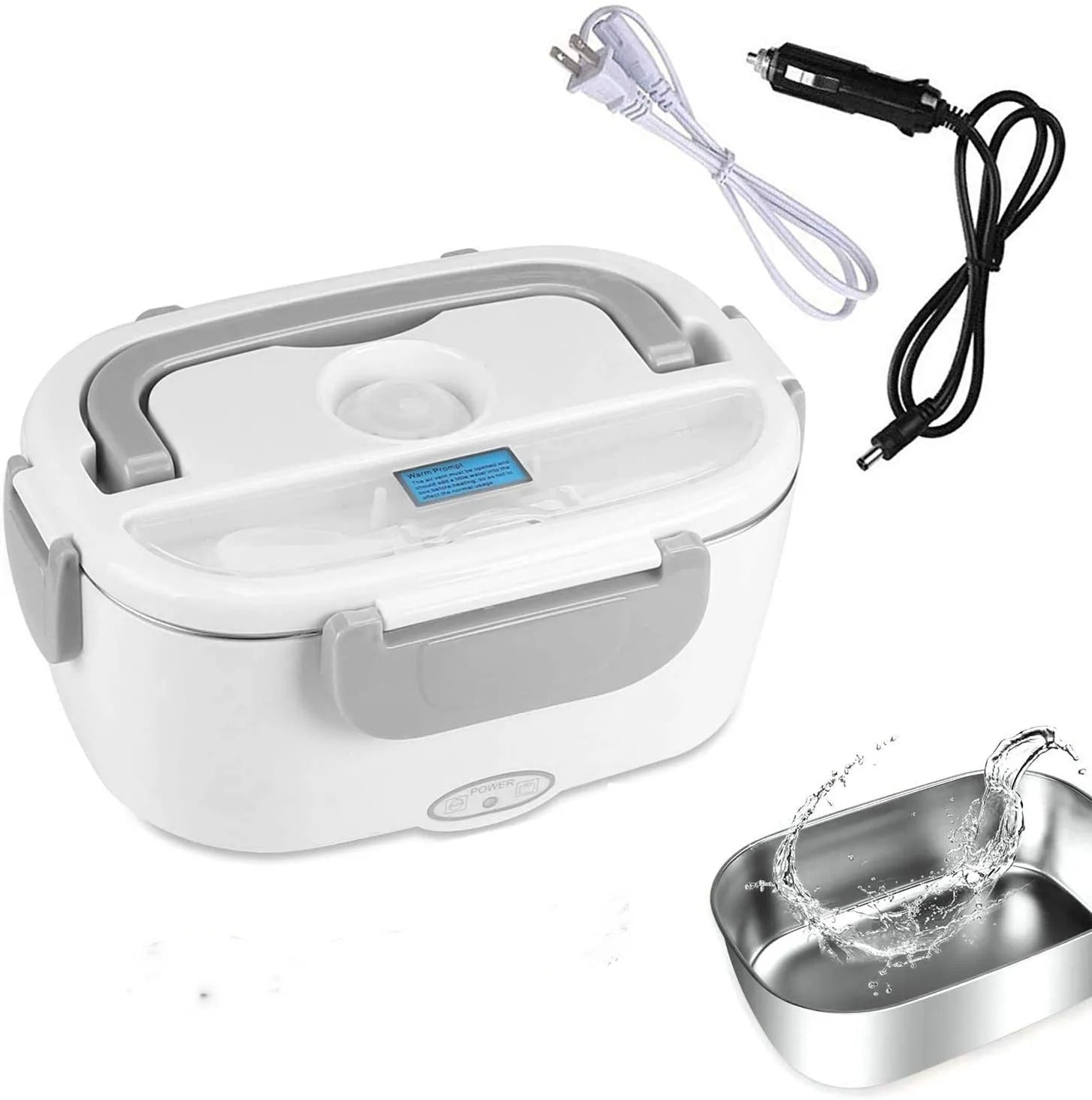 Grey dual-power electric lunch box for car and home with stainless steel pot and mechanical dial.