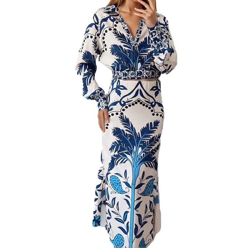 Women's picture colour polyester long-sleeve top and long skirt two-piece casual co-ord set