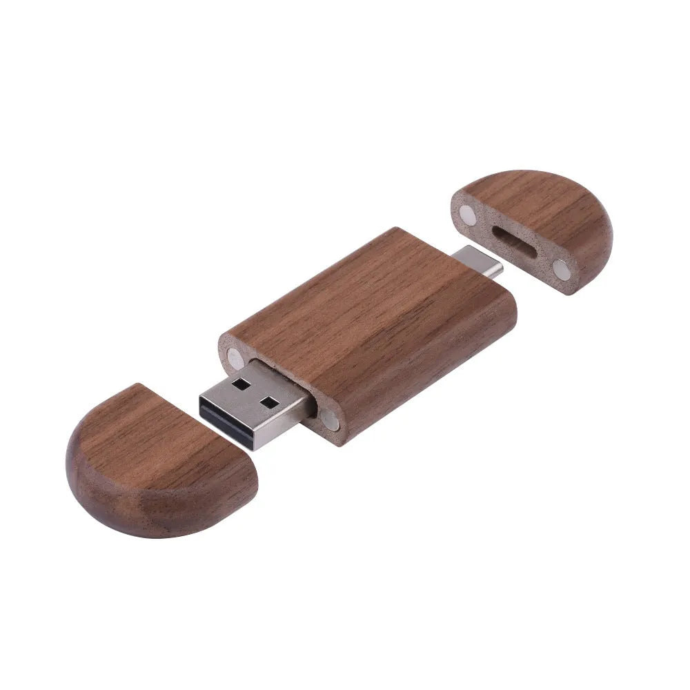 Maple wood carved USB flash drive with Type-C phone connector showing custom engraving