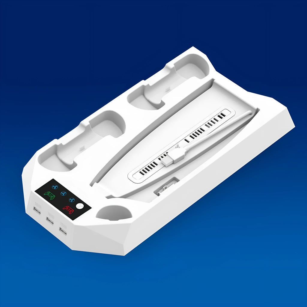 White PS5 charging base radiator with controller and headset storage compartments