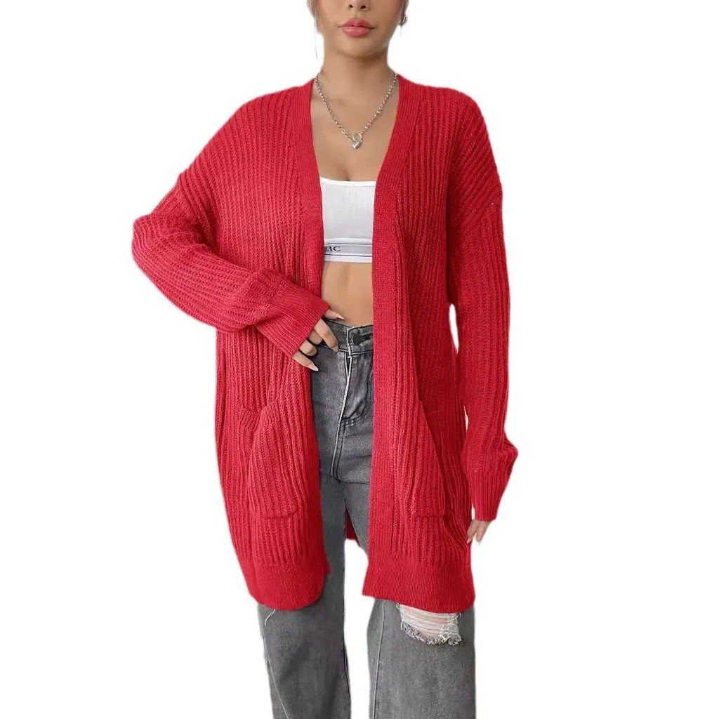 Women's mid-length loose fit cardigan with double pockets in dark green colour