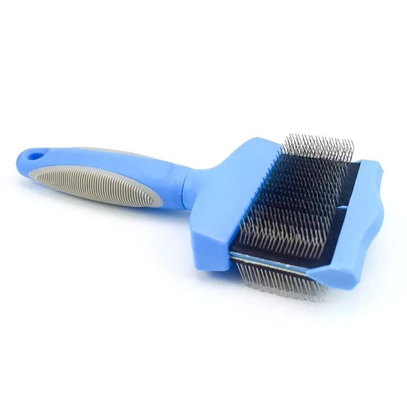 Double-sided pet brush with stainless steel pins and blue ergonomic handle for dog and cat grooming