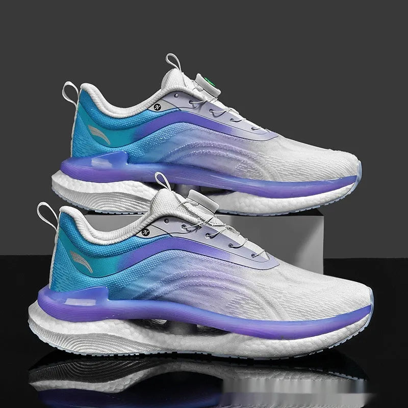 Men's high-top mesh running shoes in cotton candy colour with buckle closure and viscose sole