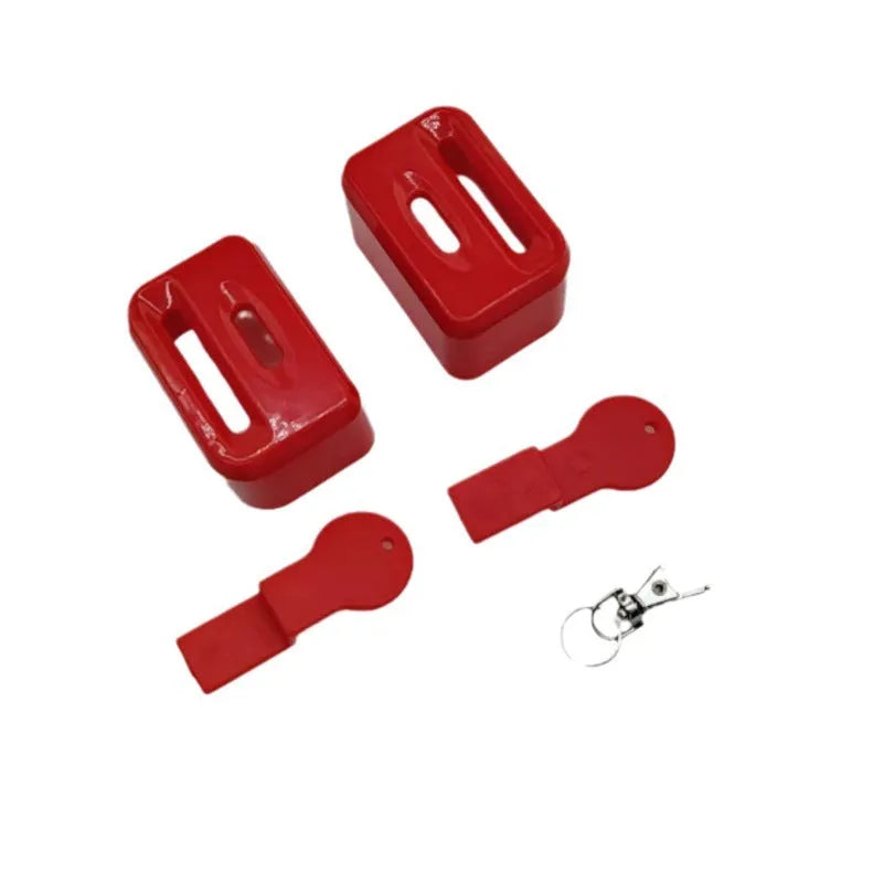 Black and red plastic seat belt buckle protective clamp holder device on a car seat.