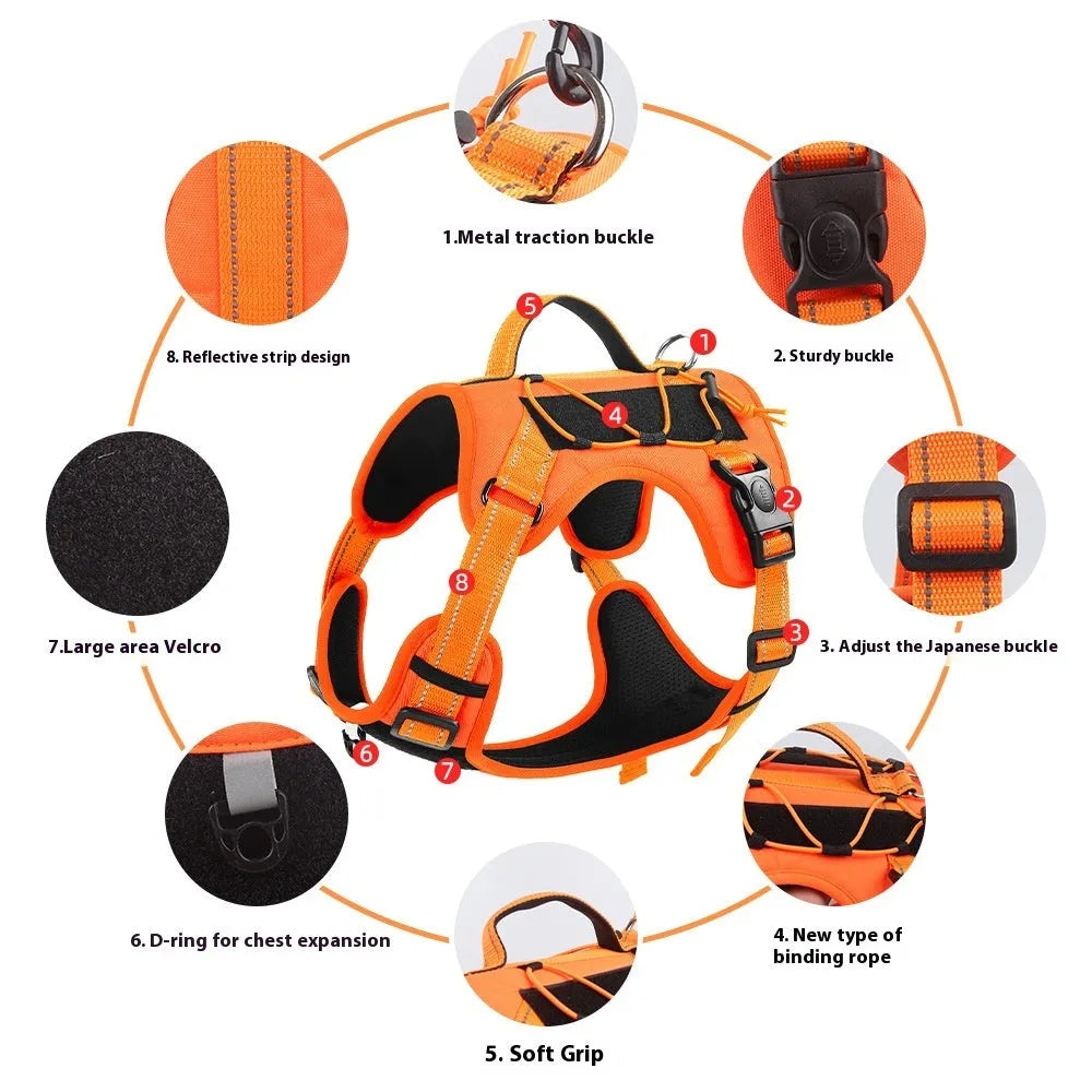 Reflective explosion-proof dog harness with attached hand-holding rope in orange colour, showing adjustable straps and safety features