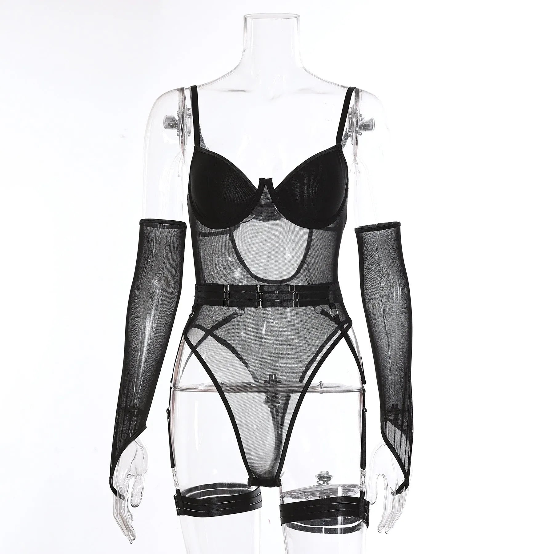 Women's see-through mesh jumpsuit in polyester available in seven colours including black, red and blue