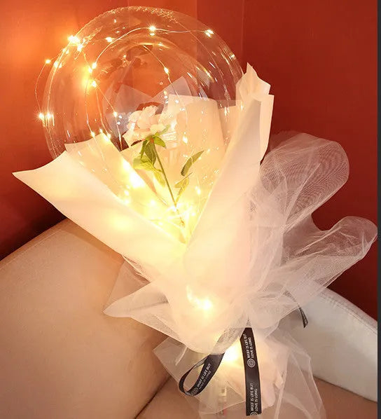 Transparent round LED luminous balloon rose bouquet with artificial flower and lights for DIY assembly
