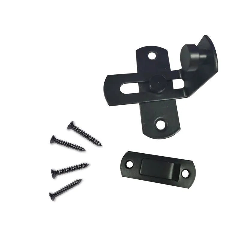 Black carbon steel and stainless steel 90-degree warehouse hook lock with flat shackle for sliding doors.