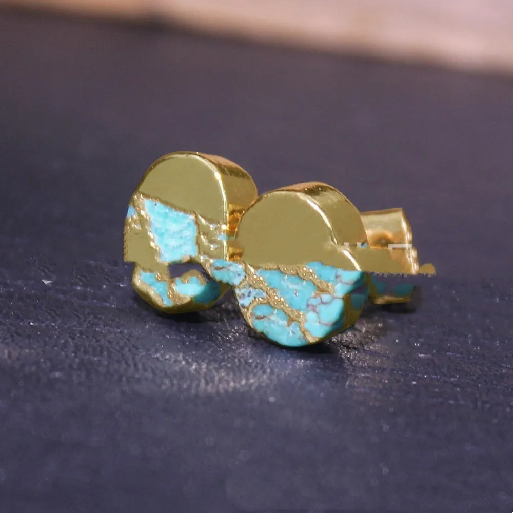 Natural stone bohemian stud earrings with irregular labradorite stones in silver settings