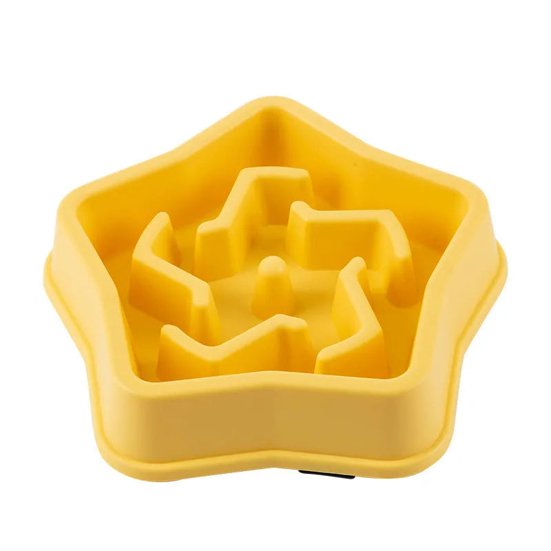 Yellow plastic slow feeding dog bowl with textured bottom for choking prevention