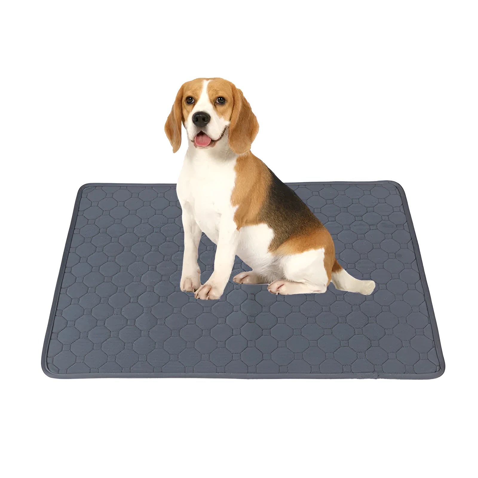 Pet Parents grey and khaki washable dog pee pads in multiple sizes on a wooden floor.