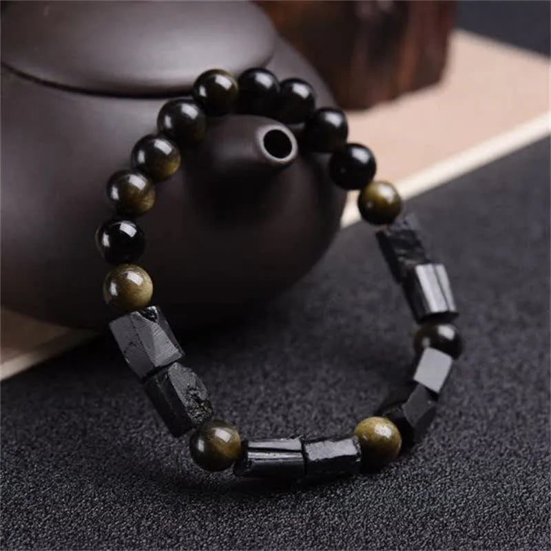 Natural obsidian single ring bracelet with constellations modelling on 8mm beads in retro style.