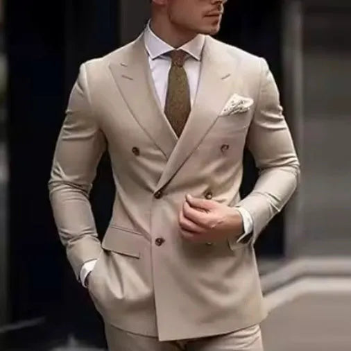 Men's gray Korean slim fit two-piece suit jacket and trousers on a hanger